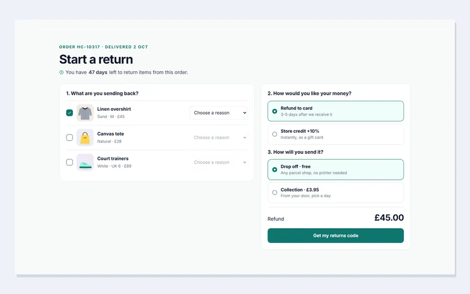 Returns centre — account pages template