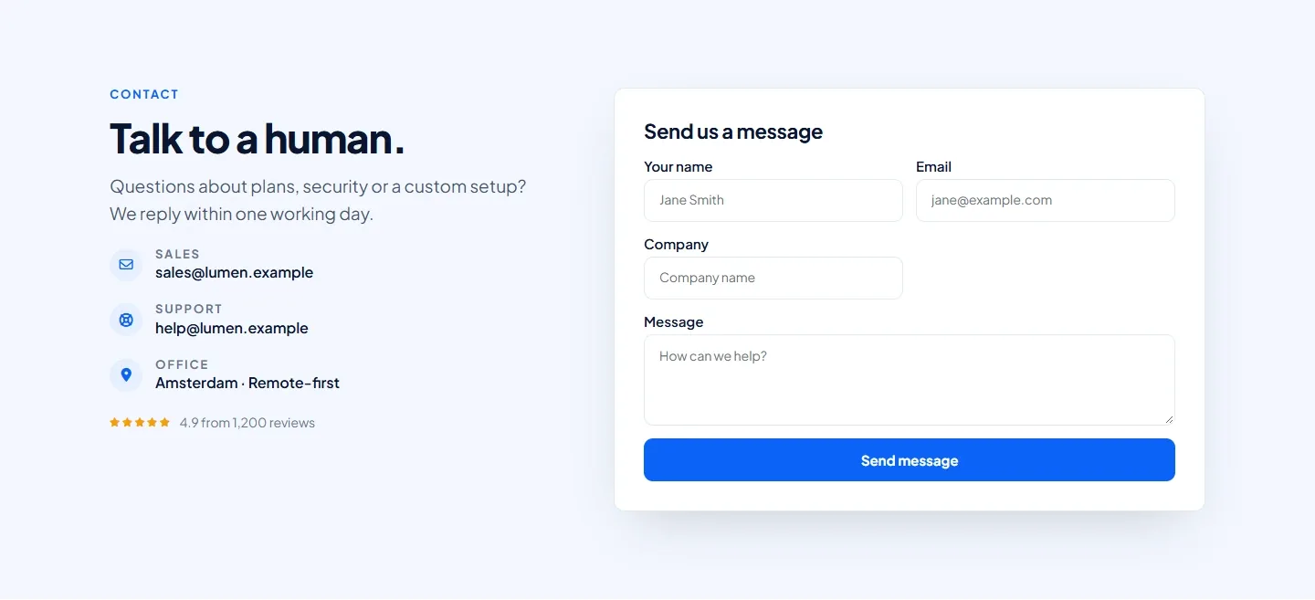 SaaS split: free Bricks contact section template