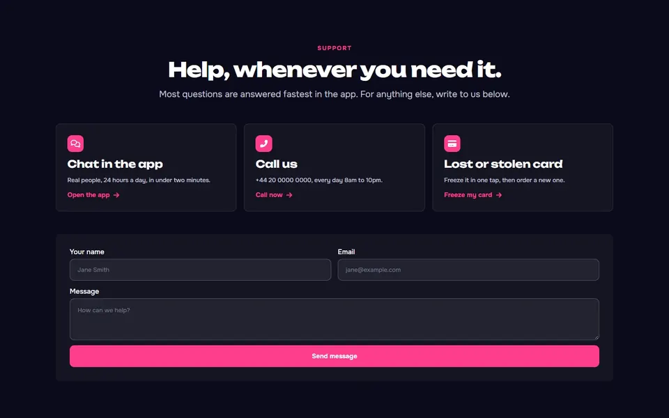 Fintech support channels — bricks contact & forms template