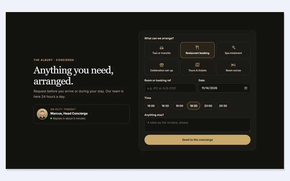 Hotel concierge request — contact & forms template