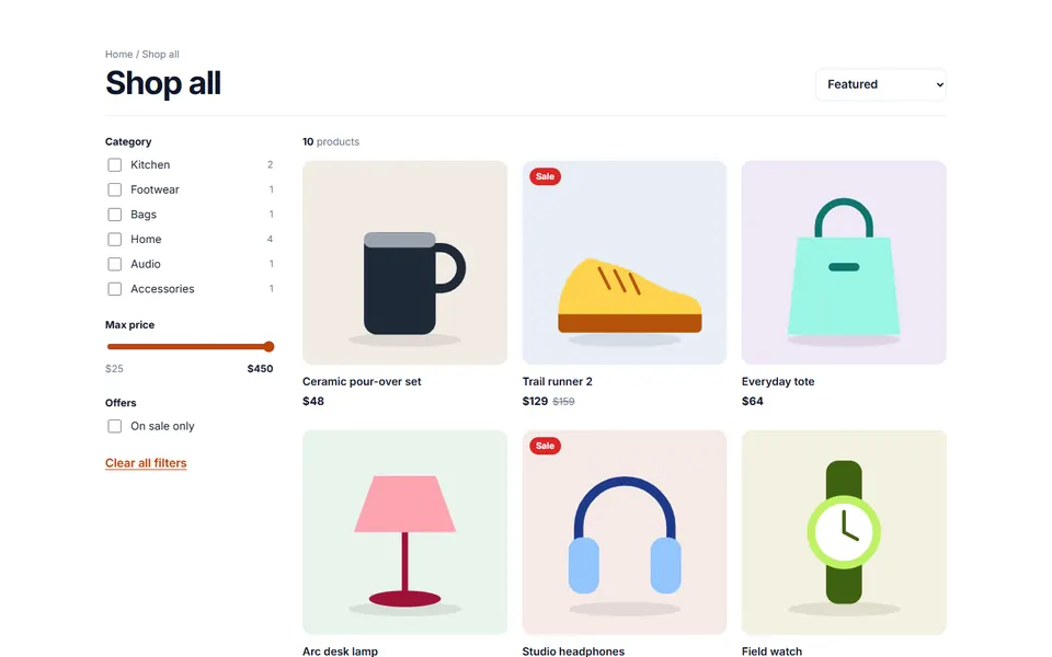 Product grid with filters — e-commerce template