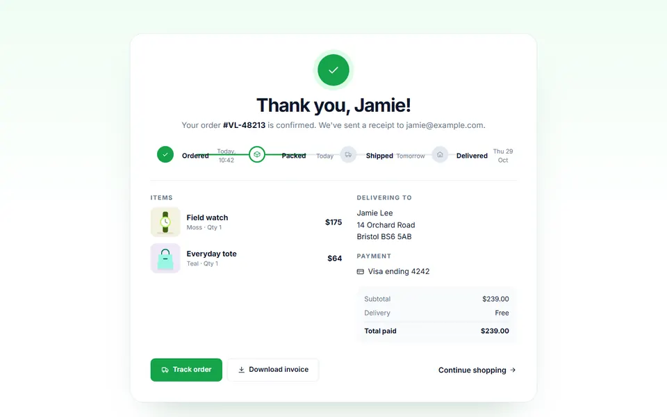Order confirmation: e-commerce design
