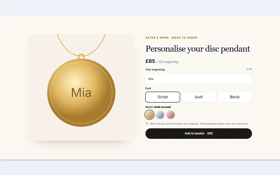Engraving personaliser — e-commerce template