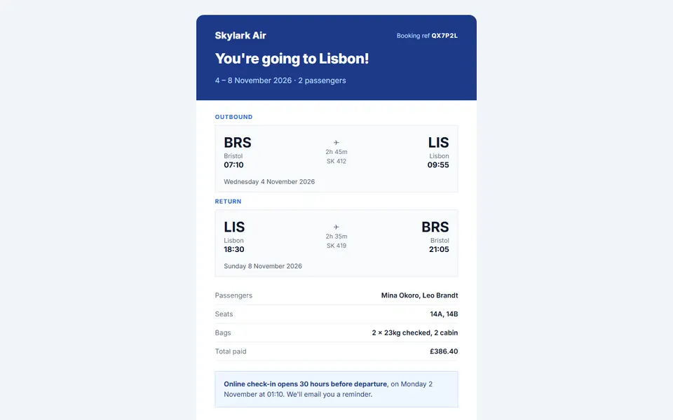 Flight itinerary — email templates template