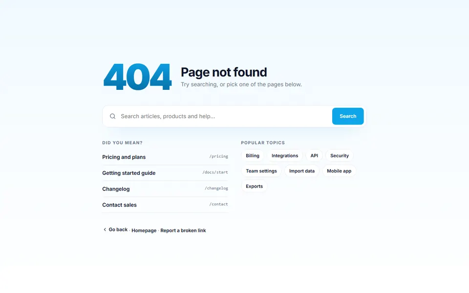 404 with search — 404 & status pages template