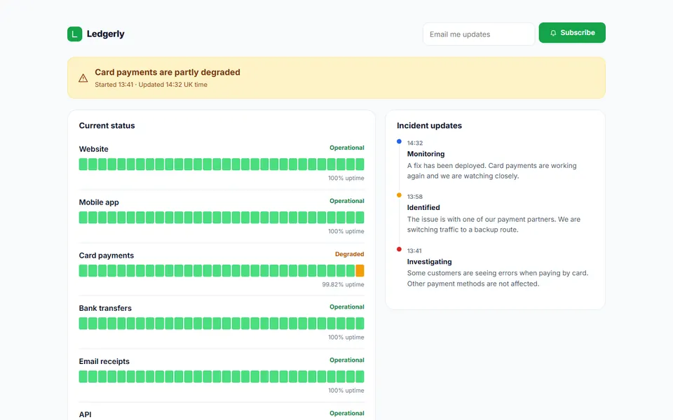 Service status page — 404 & status pages template