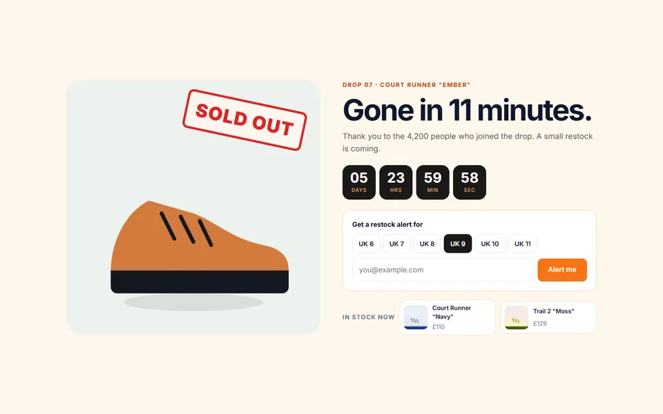 Sold out launch page — 404 & status pages template