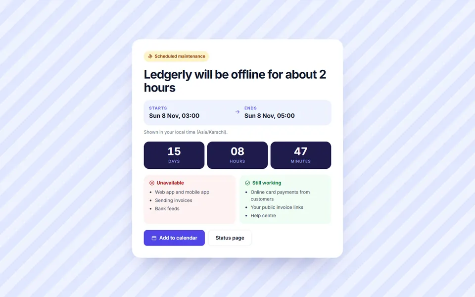 Scheduled maintenance notice — 404 & status pages template