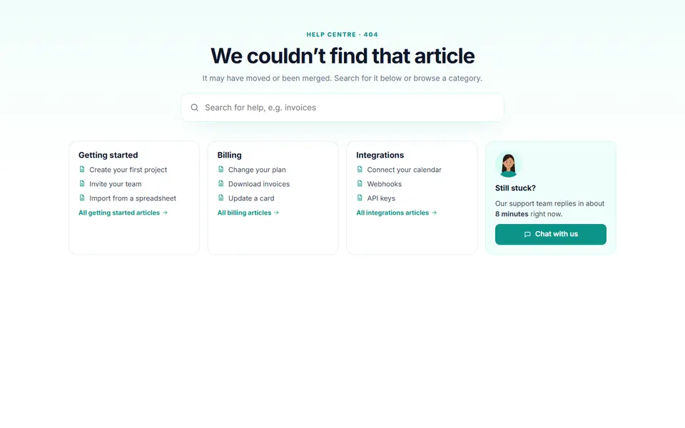 Help centre 404 with search — 404 & status pages template