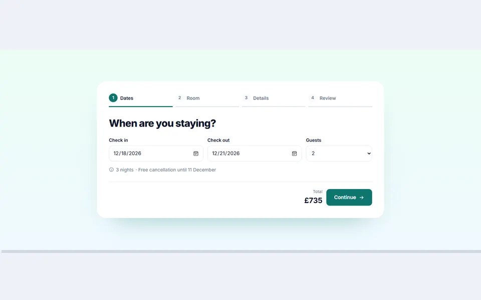 Hotel booking wizard — events & booking template