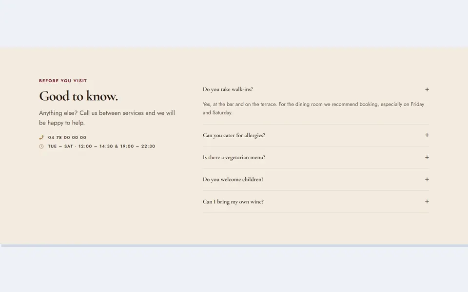 Bistro intro left — bricks faq sections template