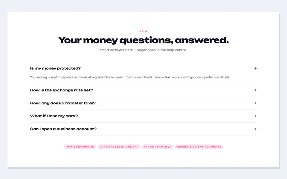 Fintech centred security — bricks faq sections template