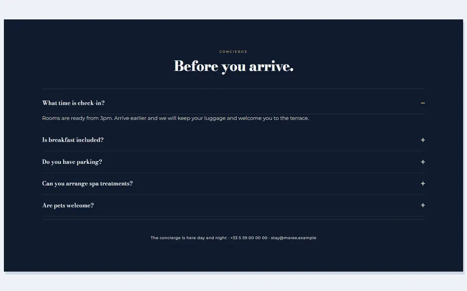 Hotel concierge — faq sections template