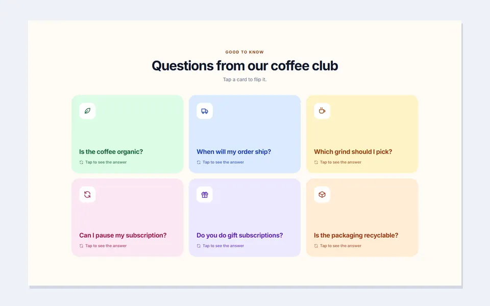 Flip card FAQ — faq sections template
