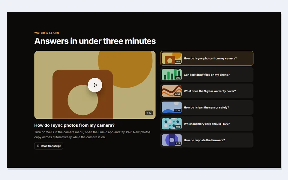 Video FAQ grid — faq sections template