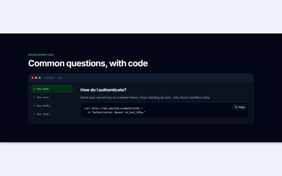 Developer terminal FAQ — faq sections template