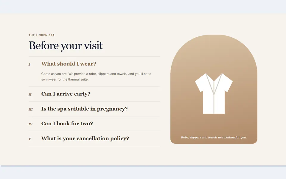 Spa FAQ with changing art — faq sections template
