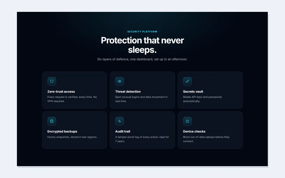 Dark glow cards — feature sections template