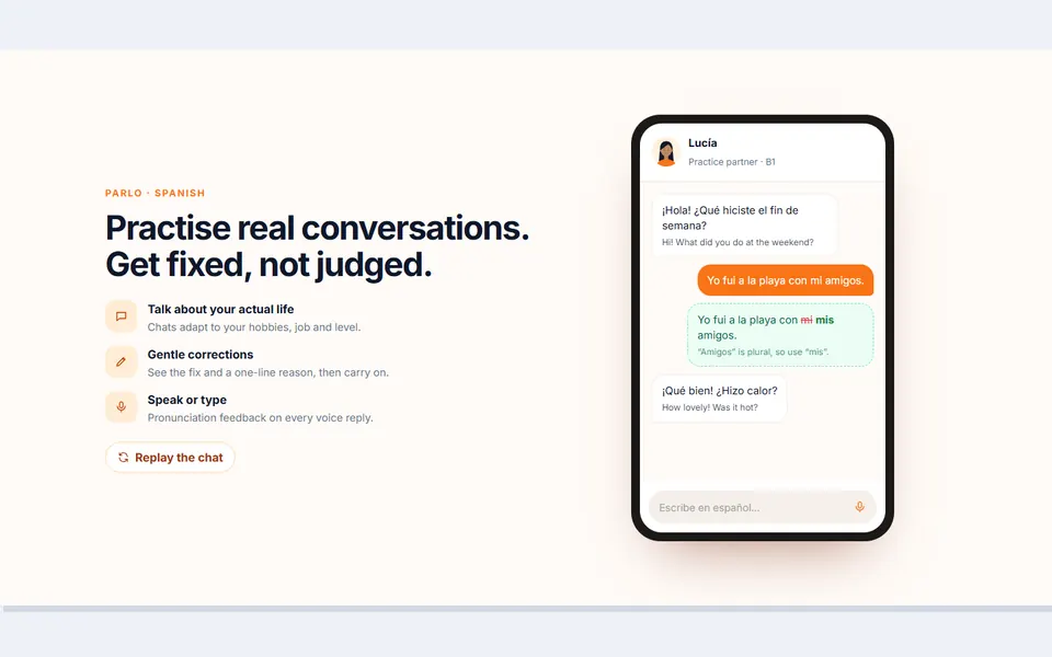 Language practice chat demo — feature sections template