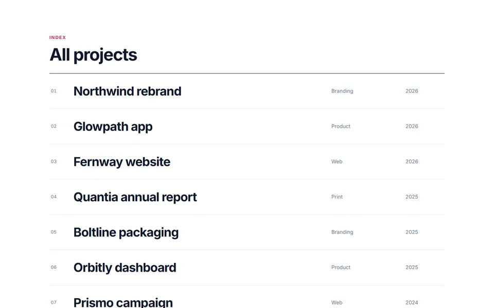 Project list with hover preview — gallery & portfolio template