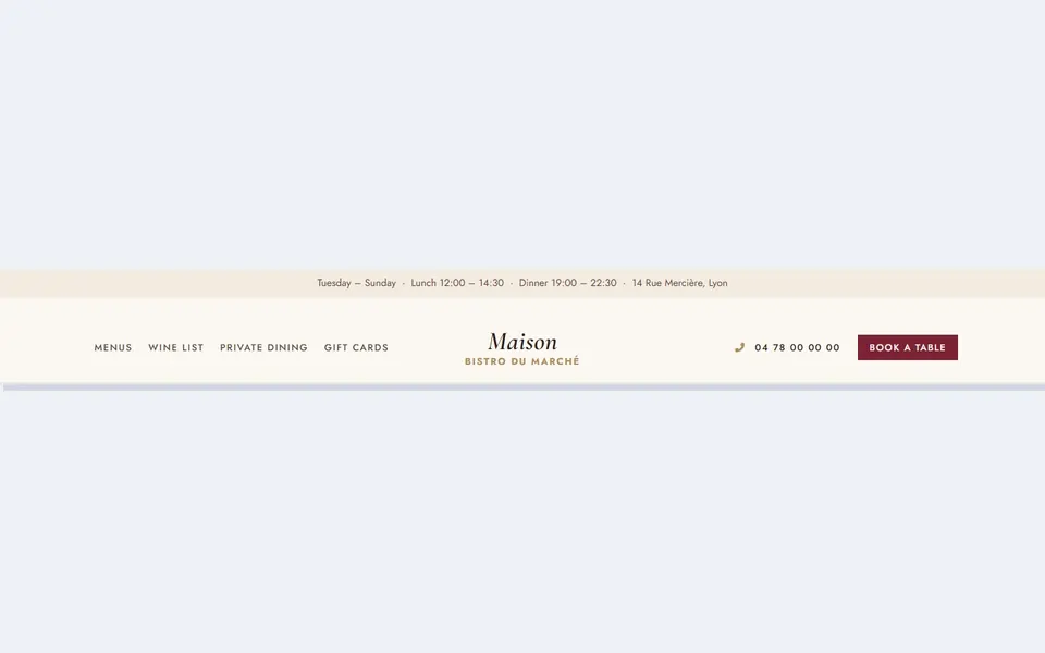 Bistro centred serif — bricks headers & navbars template
