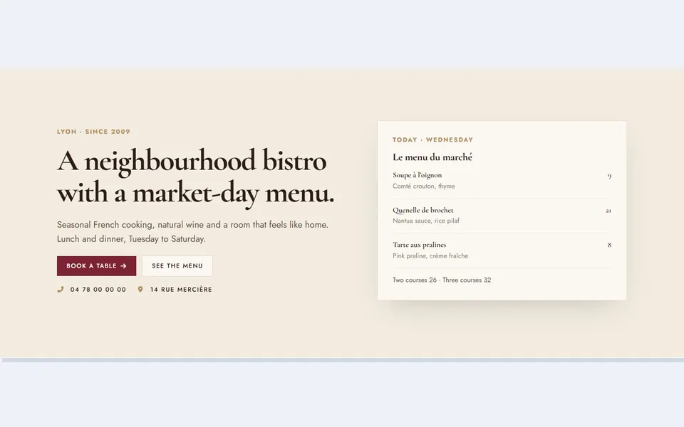 Bistro menu card — bricks hero sections template