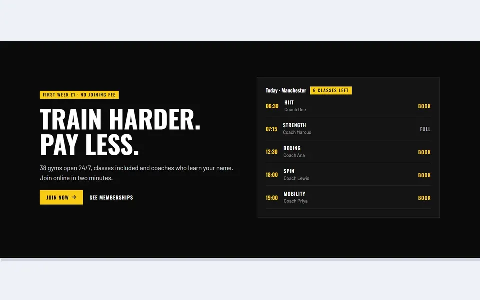 Gym timetable — bricks hero sections template