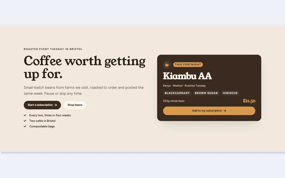 Coffee subscription bag: hero sections design