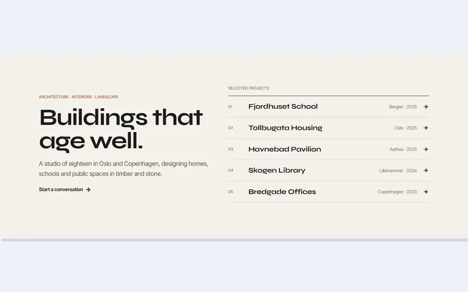 Architect project index — hero sections template