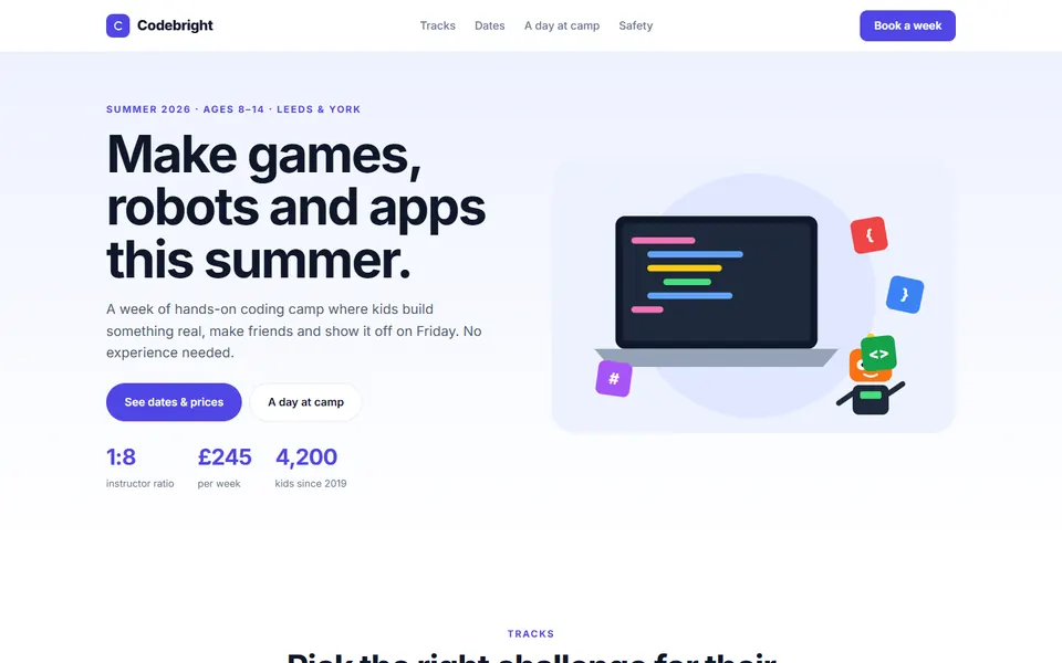 Codebright kids coding camp — landing pages template