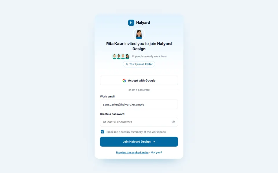 Team invite acceptance — login & sign-up template