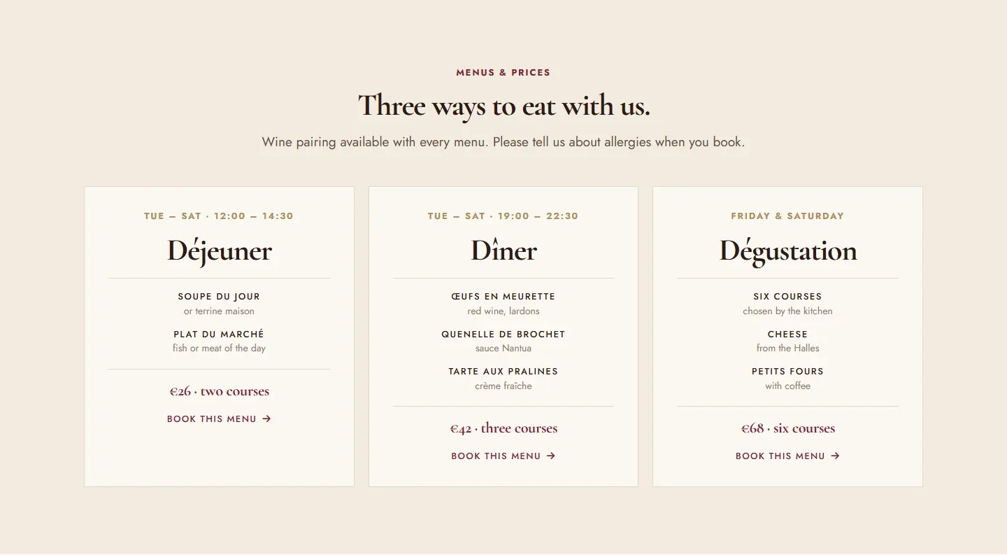 Bistro set menus: free Bricks pricing table template