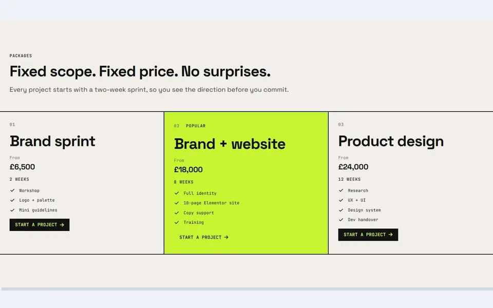Studio packages — pricing tables template