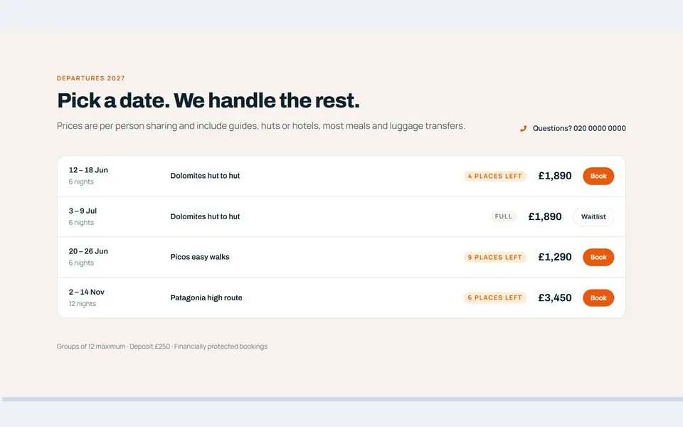 Adventure departures — pricing tables template