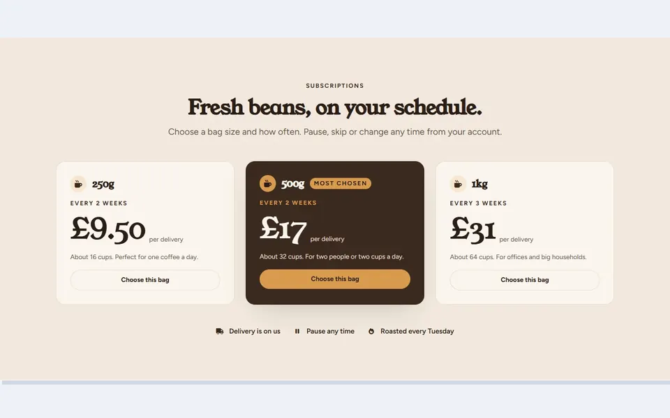 Coffee subscription bags: pricing tables design