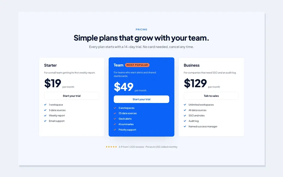 SaaS three tiers — elementor pricing tables template