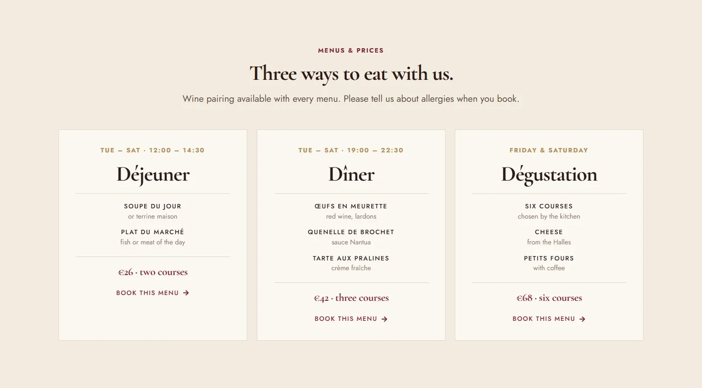Bistro set menus: free Elementor pricing table template