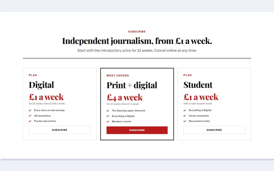 Newspaper subscriptions — pricing tables template