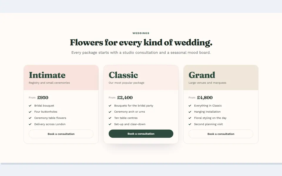 Florist wedding packages — pricing tables template