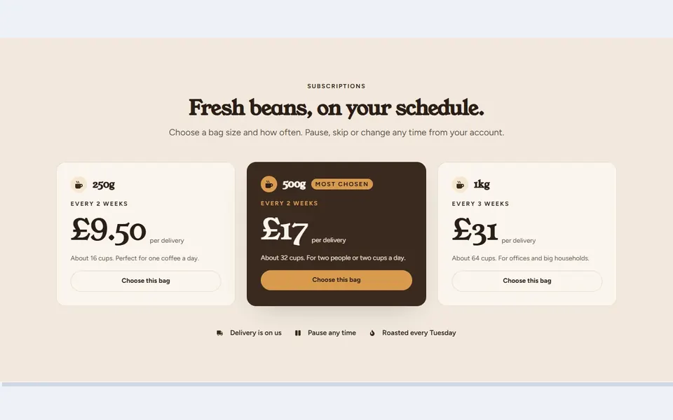 Coffee subscription bags: pricing tables design