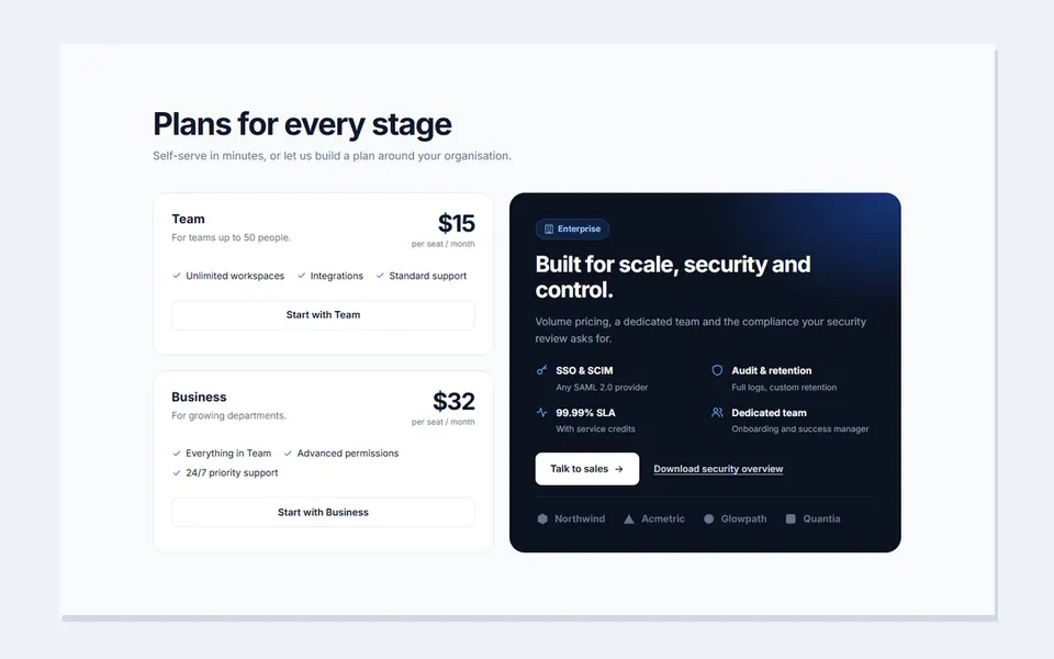 Plans with enterprise card — pricing tables template