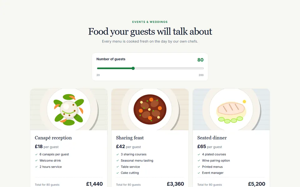 Catering packages per person — pricing tables template