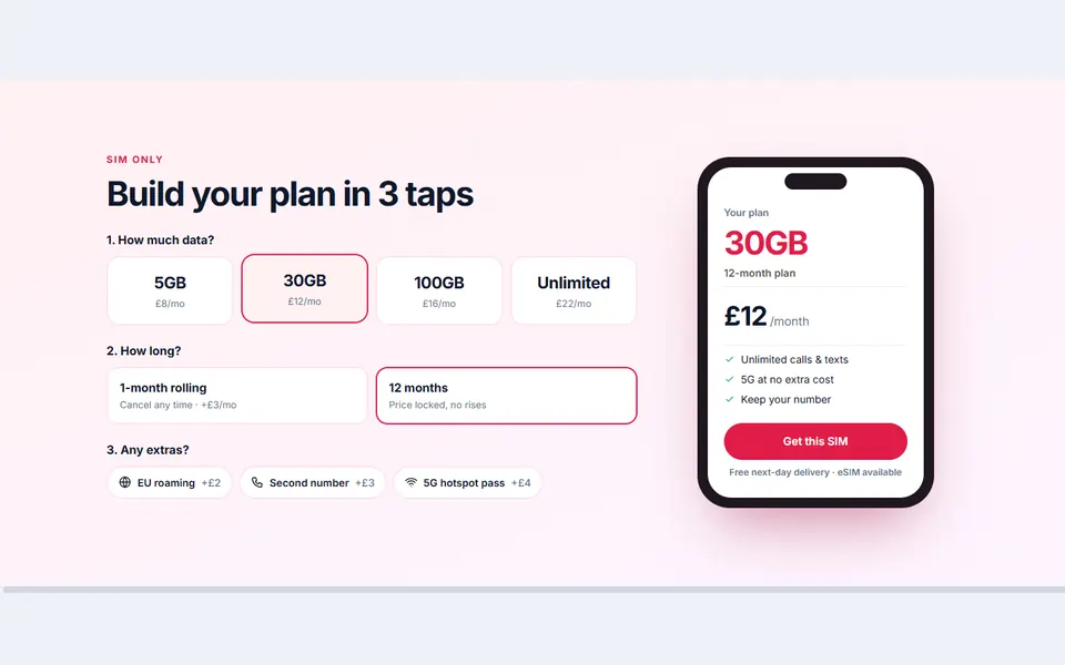 Mobile sim plan picker — pricing tables template