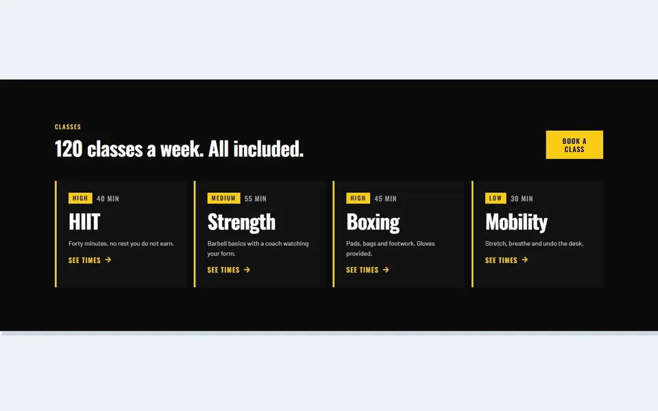 Gym class cards — elementor services template