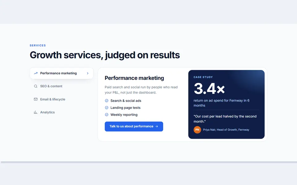 Service tabs with results — services template