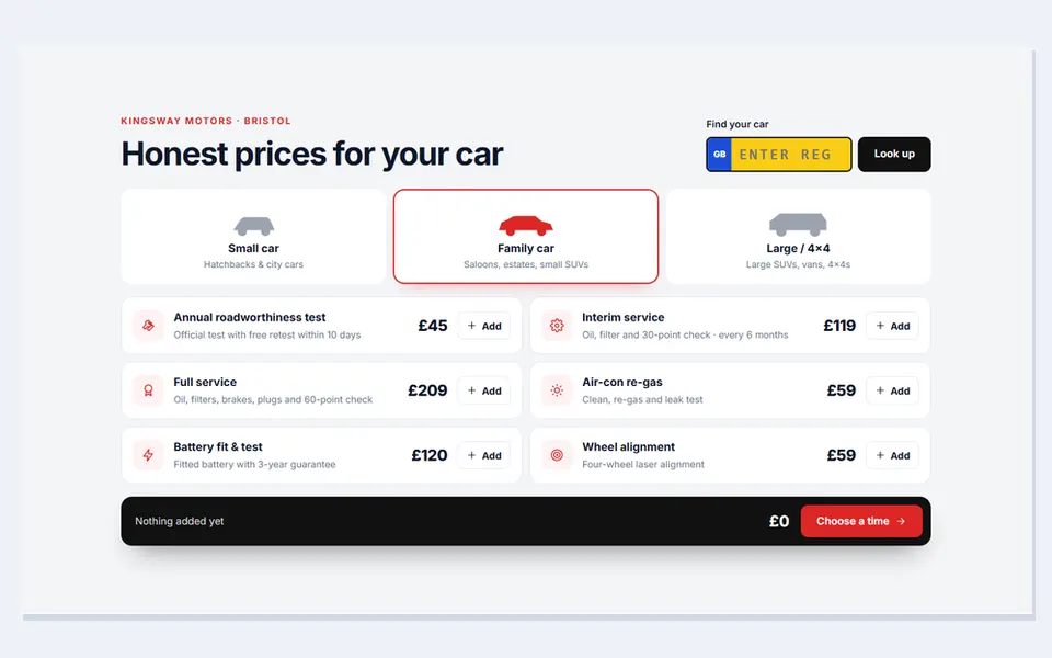 Garage services by vehicle — services template