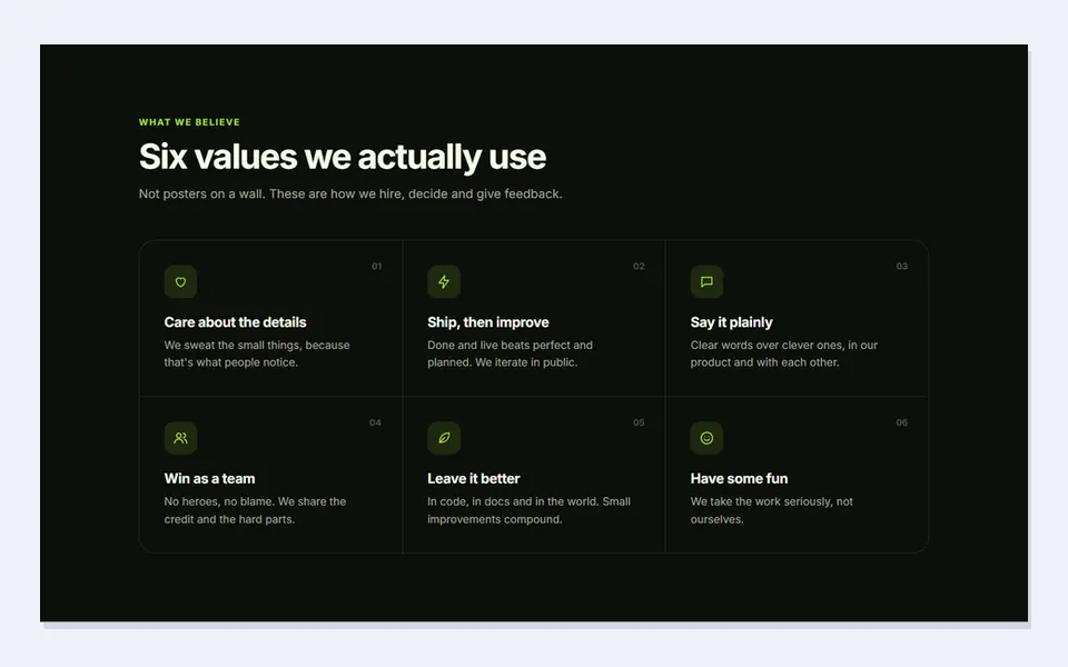 Values grid — team & about template
