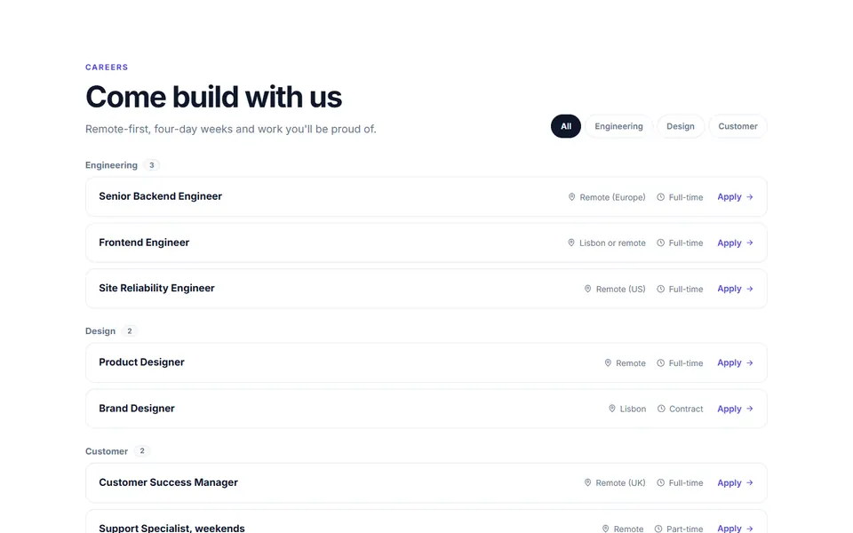 Careers list — team & about template