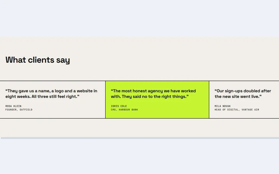 Studio quote cells — testimonials & logos template