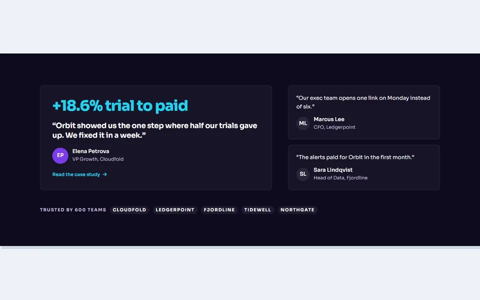 Dark featured quote: testimonials & logos design
